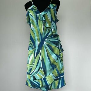 H&M Tropical Print Ruffle Wrap Dress Green Blue Size M NWT